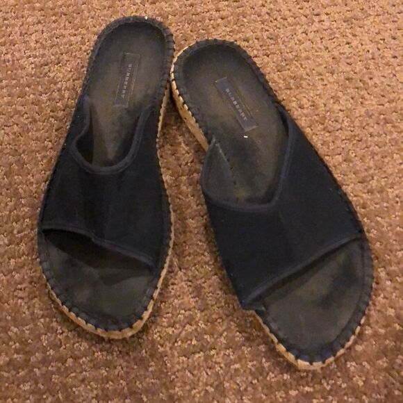 BURBERRY Black Espadrille Low Wedge Slide Sandals Size 8 - Picture 1 of 6